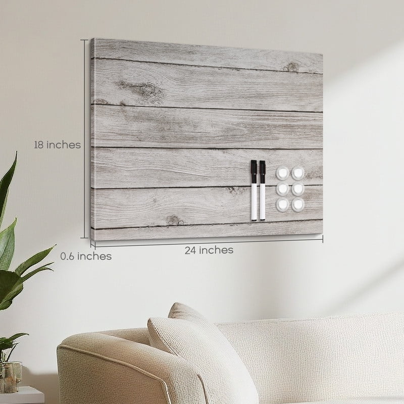 Magnetic Boards for Wall 18"x24" Wooden Planks Print Decorative White Board Magnetic Dry Erase Board Message Center Photo Board Bulletin Board with Magnets&Markers, Grey Wooden Planks