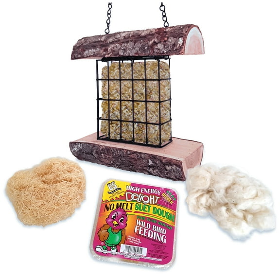 Mac's Suet Wild Bird Feeder, All Natural Wood, Made in The USA - Includes Nesting Material and Suet Cake