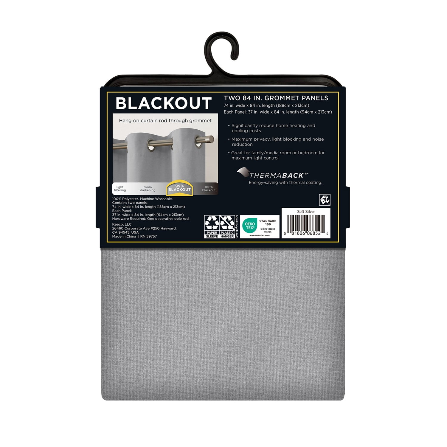Eclipse Corte Solid Blackout Curtains, Set of 2, 84 Inch Long Blackout Curtains, 37" W x 84" L, Silver
