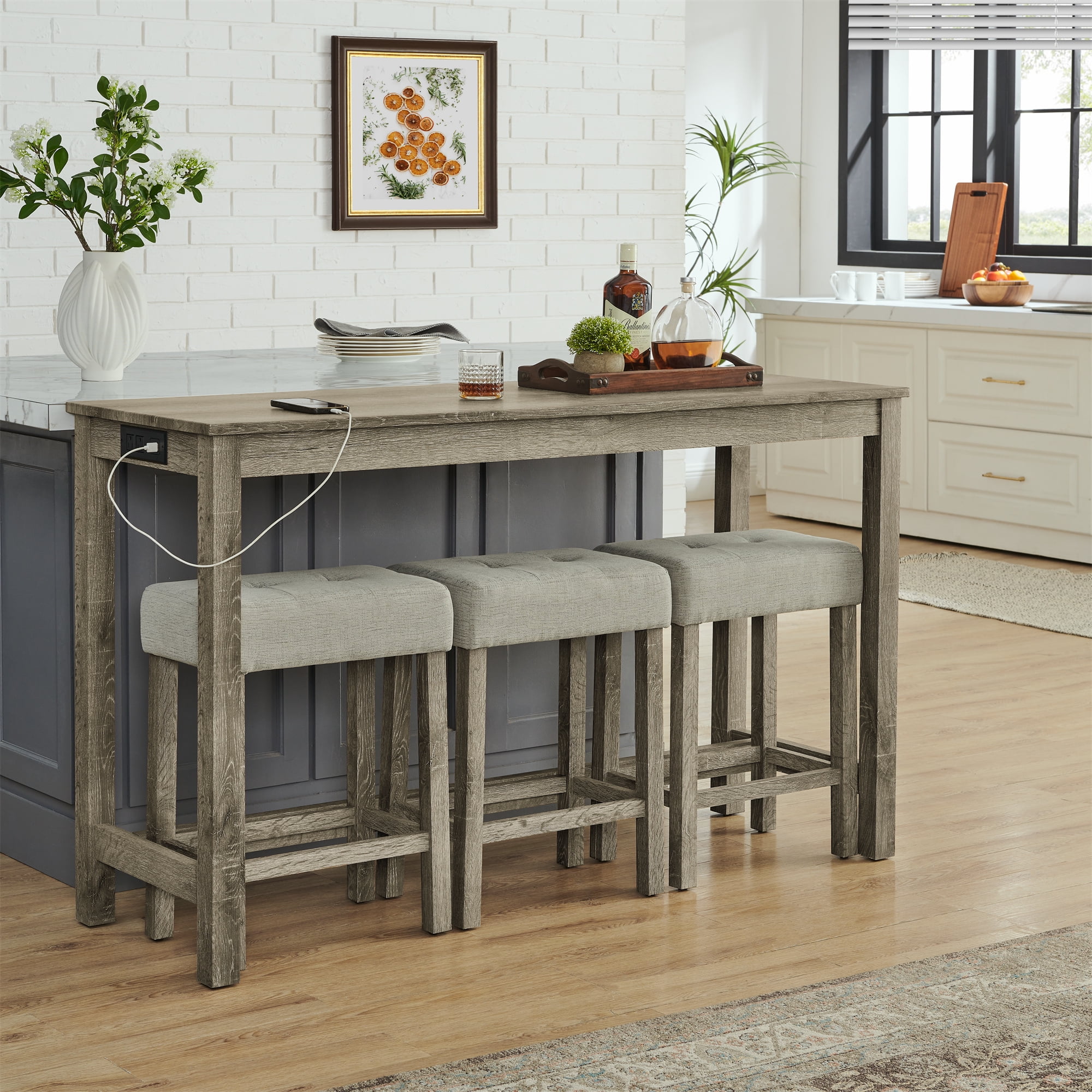 Leumius 4 Piece Bar Table Set with Power Outlet,Rustic Industrial Style Breakfast Table with 3 Padded Stools,Dining Bar Table and Chairs Set for Living Room, Dining Room, Game Room,Brown