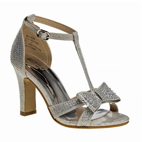 Badgley Mischka Mid Heel T, Strap Dress Heel Sandal (Little Kids Big Kids), Silver, 4