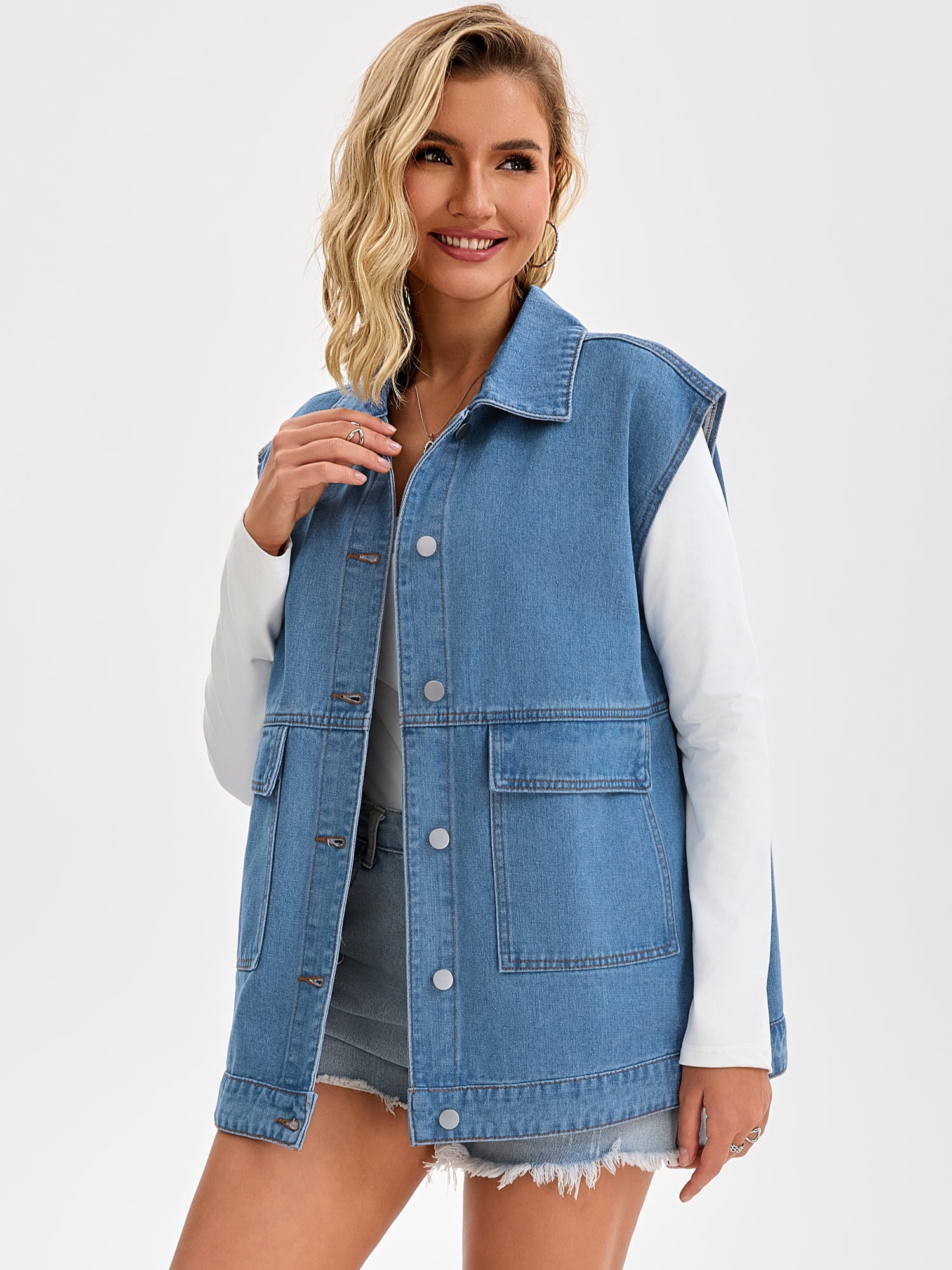 DARING DIVA Women's Button Down Oversized Sleeveless Utility Jean Jacket L Blue