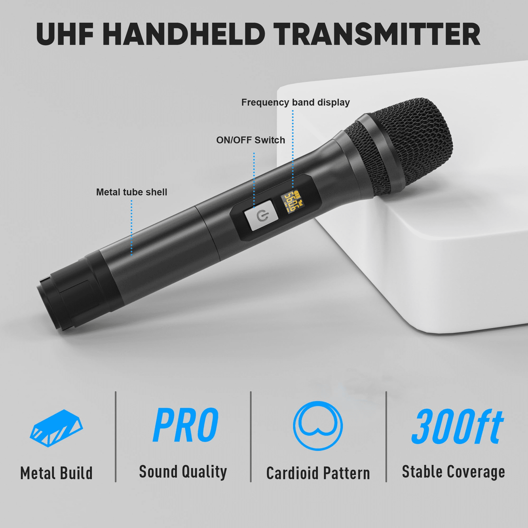 Wireless Microphone System, Pro 4 Channel UHF Mics Set with Metal Cordless Handheld Mics & Receiver, 200 Adjustable Frequency, 300ft Range for Singing, Church, Karaoke, Party