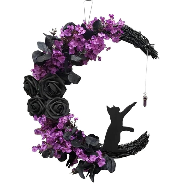 2024 Nueva corona de Halloween, coronas de gato negro de luna de Halloween con luces, decoración del hogar para colgar, corona de gato negro de luna de flores, decoración de pared de fiesta para el ho