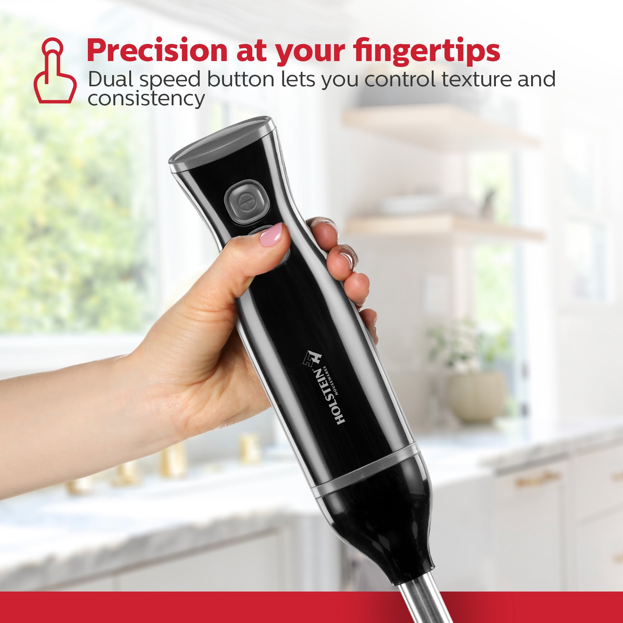 Holstein Housewares 2-Speed Hand Blender, Black – 150W Motor, Stainless Steel Blades, BPA-Free Measuring Cup Included