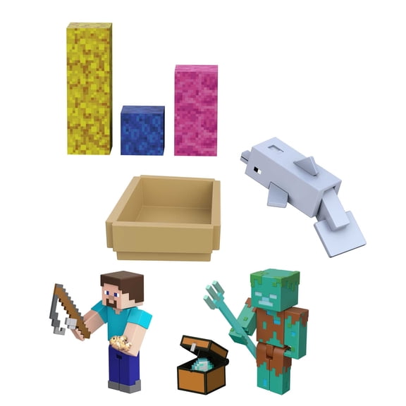 Open Box Minecraft Dolphin's Treasure Adventure Pack with 3 Action Figures & Accessories, 3.25-in Scale