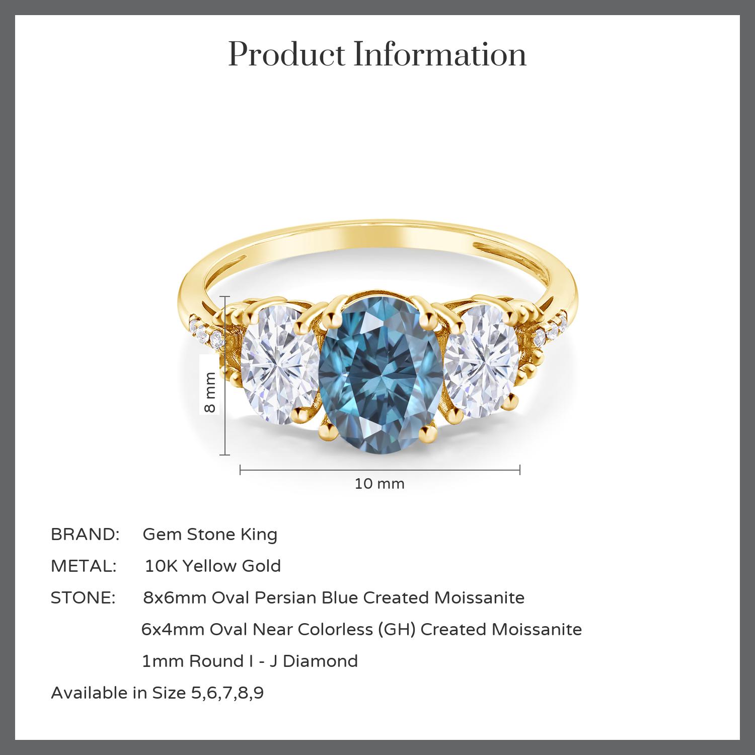 Gem Stone King 10K Yellow Gold Persian Blue Moissanite and White Moissanite and White Diamond 3-Stone Engagement Ring for Women (2.42 Cttw, Oval 8X6MM and 6X4MM, Gemstone Birthstone, Size 7)