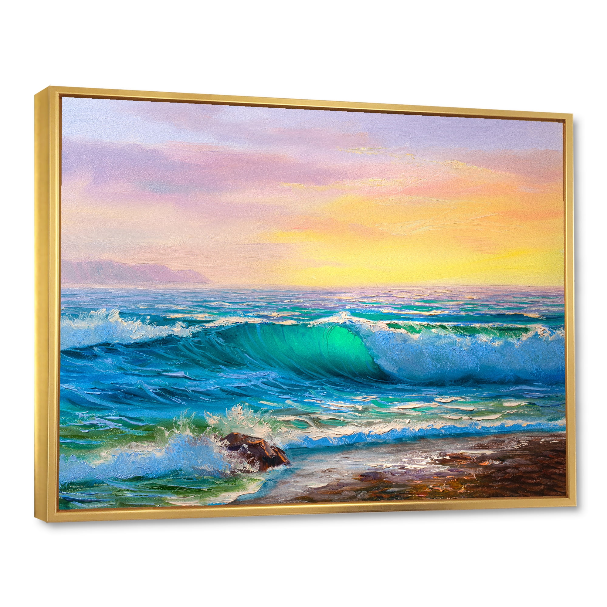 Designart 'Blue Waves Breaking At The Beach Landscape IV' Nautical & Coastal Framed Canvas Wall Art Print