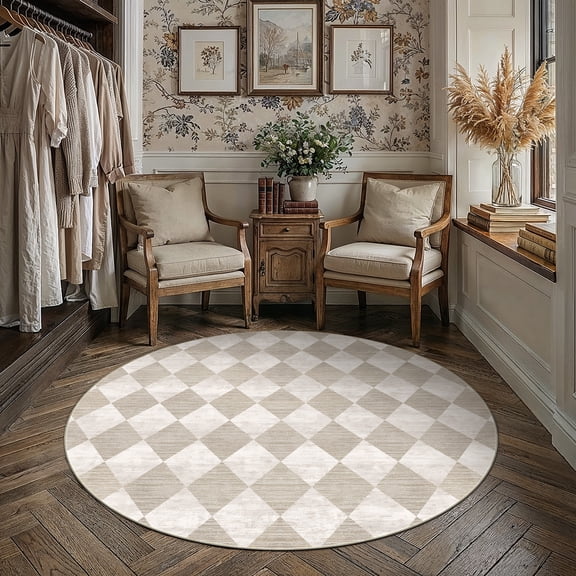 BERTHMEER Round 6'x6' Area Rugs for Living Room Modern Rhombus Checkered Rugs Bedroom Office Dining Room Farmhouse Geometric Contemporary Washable Non Slip Rugs Carpets, Beige