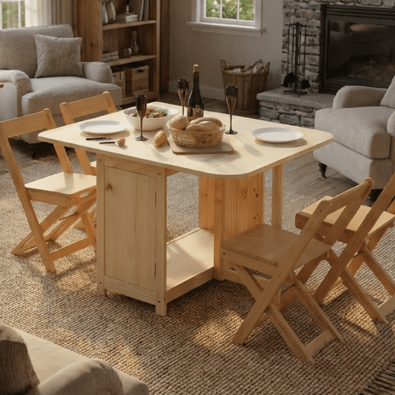 Solid Wood Foldable Table and 4 Chairs Set with Storage