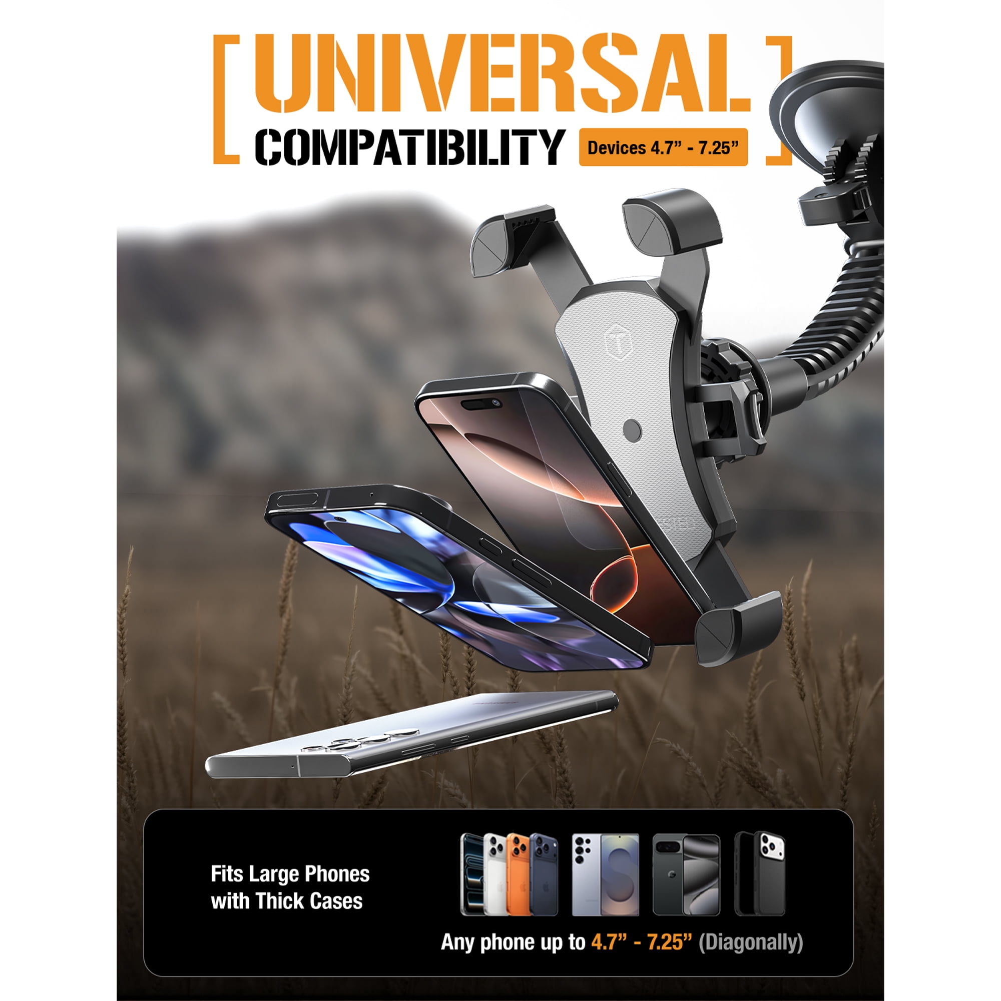 ToughTested Mammoth Windshield Phone Mount with Double-Ribbed Gooseneck, Extra-Large 4.25” Suction Cup, 4-Way Locking Claw Grip, 360° Rotation & One-Button Release
