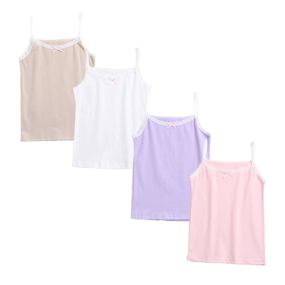 Girls' Sleeveless Camisole 4-Pack 95% Cotton Tagless Undershirts Soft Strap Tank Tops for Daily Wear Multiple Sizes 3-12 Years