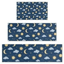 Dark Blue Sun Moon Cloud Star Pattern Kitchen Rugs Sets Of 3,Kitchen Runner Rugs Non Skid Washable,Decorative Kitchen Floor Mats for Kitchen,Sink,Laundry,17"x30"  17"x47"   17"x59"