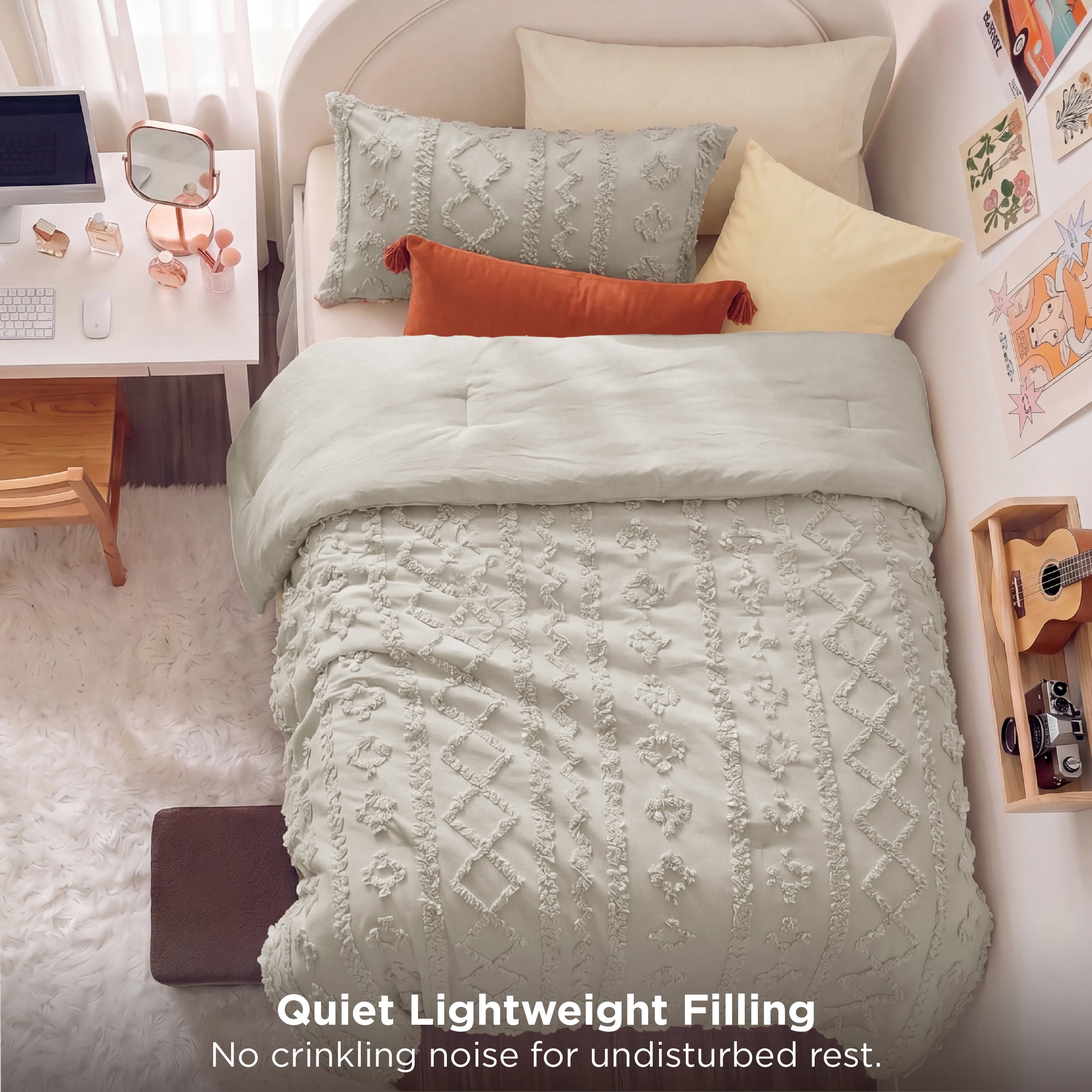 U by Bedsure Tufted Boho Twin XL Comforter Set, 2 Pieces Farmhouse Shabby Chic Embroidery Bedding Set, Soft Jacquard Linen Comforter for All Seasons, Twin, Natural