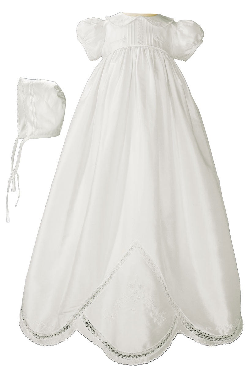 Traditional White Satin Long Christening Gown with Bonnet 0 3 6 9 12 Months 