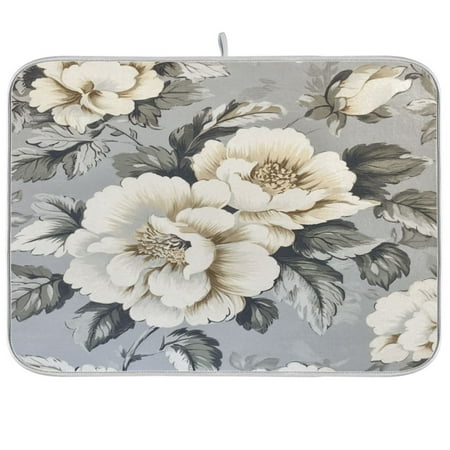 

White Peony PatternKitchen Drying Mat Heat Resistant Drainage with Non-Slip Rubber Backing Hides Stains Super Absorbent Easy to Clean 18×24in
