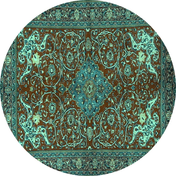 Ahgly Company Machine Washable Indoor Round Persian Turquoise Blue Traditional Area Rugs, 4' Round