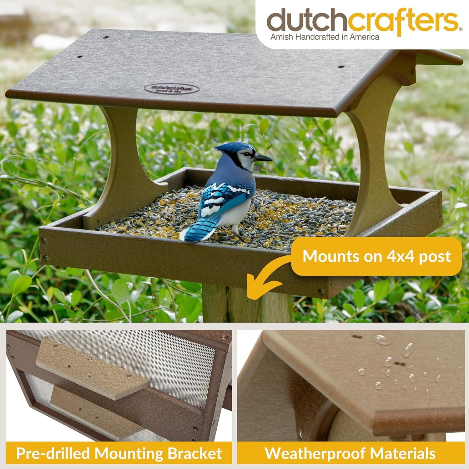 DutchCrafters Amish USA Made Poly Extra Large Fly Through Bird Feeder Post Mount for 4" x 4", Covered Bird Feeder Open Platform Seed Tray for Outdoor, Outside (Tudor Brown & Weatherwood)
