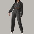 thumbnail image 2 of Fleece Tracksuits 2 Piece Fall Winter Lounge Outfits 1/4 Zip Crop Sweatshirt Cinched Sweatpant Set Womens Sweatsuit (M, Gray), 2 of 7