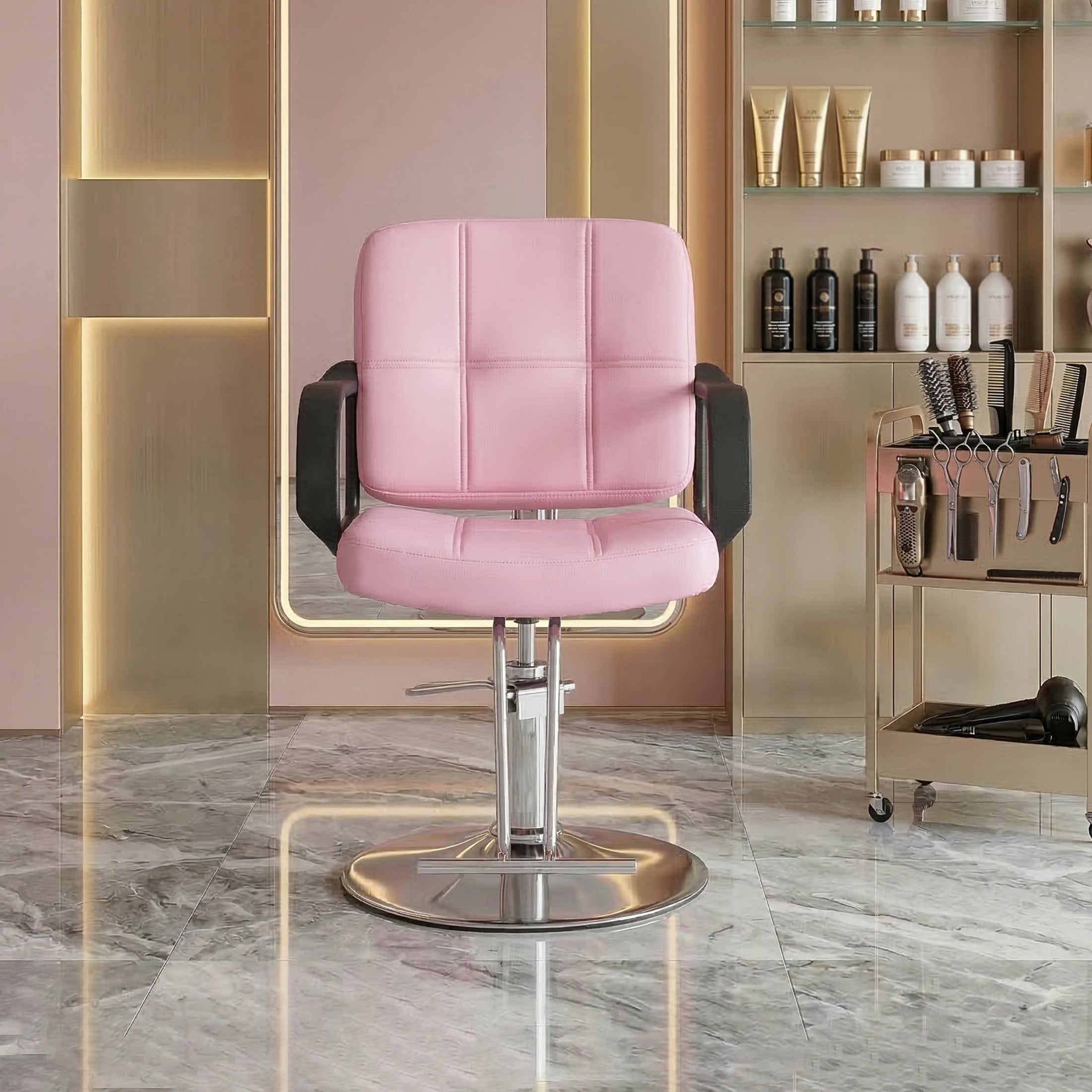 Noble House 360° Swivel Barber Chair, Hydraulic Height Adjustable, PU Upholstery, Pink + Chrome