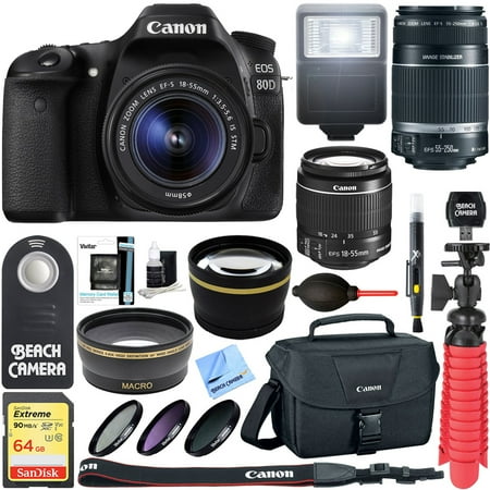 - Canon EOS 80D CMOS DSLR Camera + 18-55mm IS STM & 55-250mm IS II Lens Kit + Accessory Bundle 64GB SDXC Memory + DSLR Photo Bag + Wide Angle Lens + 2x Telephoto Lens +Flash+Remote+Tripod
