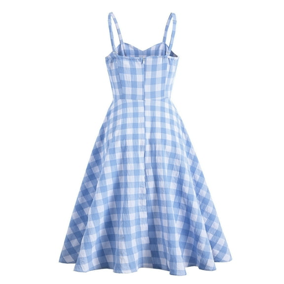 JGGSPWM Women's Spaghetti Strap Gingham Print Midi Dress Sweetheart Neckline Casual Summer Parties Dresses Light Blue L