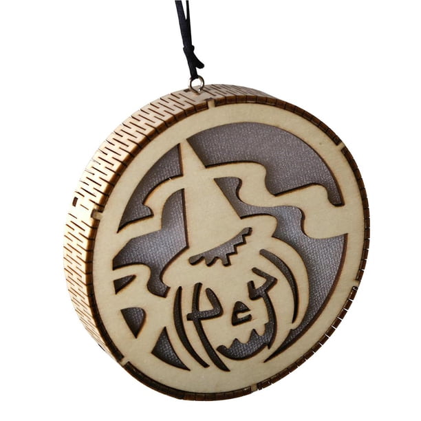 Luz Hueca De Madera Para Halloween Con Patrón De Bruja, Decoración Colgante Led Redonda De Halloween Para Ventana, Cerca De Árbol, Puerta, Escritorio De Oficina Advancent HA027580-02