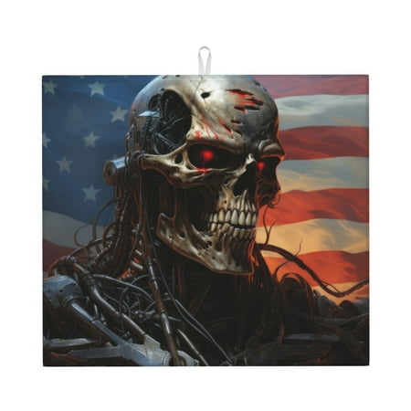 

Pofeuu Cyberpunk Skull American Flag Print Ultra Water Absorbent Microfiber Dish Drying Mat Drying Mat for Kitchen Kitchen Counter Accessories