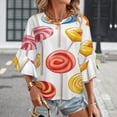 thumbnail image 3 of Sweets And Rainbow Lollipops Pattern Women's V-Neck Blouse With 3/4 Ruffled Bell Sleeves Casual Top Ladies Blouses, 3 of 7