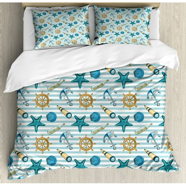 Nautical Duvet Cover Set Queen Size, Marine Sea Striped Background with