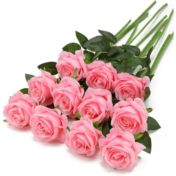 Pink Fake Roses Artificial Flowers - Fake Artificial Roses Silk Flowers with Stems for Home Wedding Hotel Office Centerpiece Decor