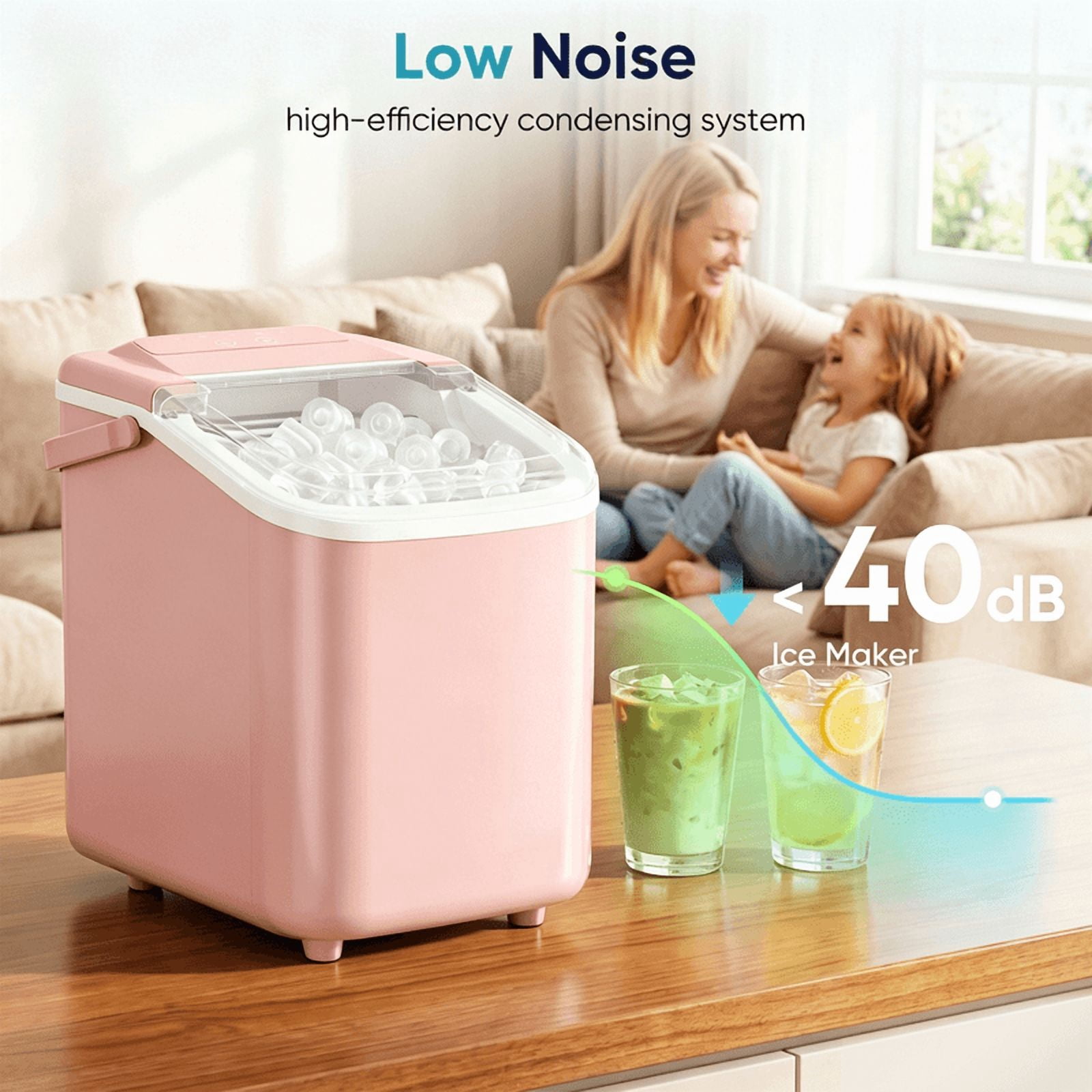 Portable Countertop Ice Maker with Handle, Self-Cleaning Bullet Ice Maker, 9 Ice Cubes Ready in 6 Minutes, 26lbs/24H, Eco-Friendly with Ice Scoop & Basket for Home, Office, Bar, Party, RV (Pink)
