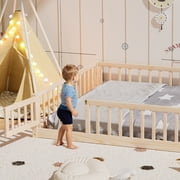 Queen Floor Bed Frame for Toddler, Montessori Floor Bed with Fence and Wood Slats for Girls Boys Kids Happy Time,Natural