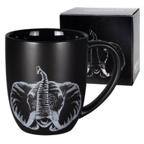 14oz Matte Black Ceramic Elephant Mug - Sketch Art Wildlife Coffee Cup - Microwave Dishwasher Safe Gift for Animal Lovers