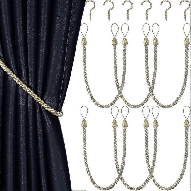 6 Pieces Braided Curtain Tiebacks Rope Curtain Tiebacks Handmade Curtain Holdbacks Drapery Tiebacks with Tie Down Hooks for Metal Curtains, Gold-XinHa