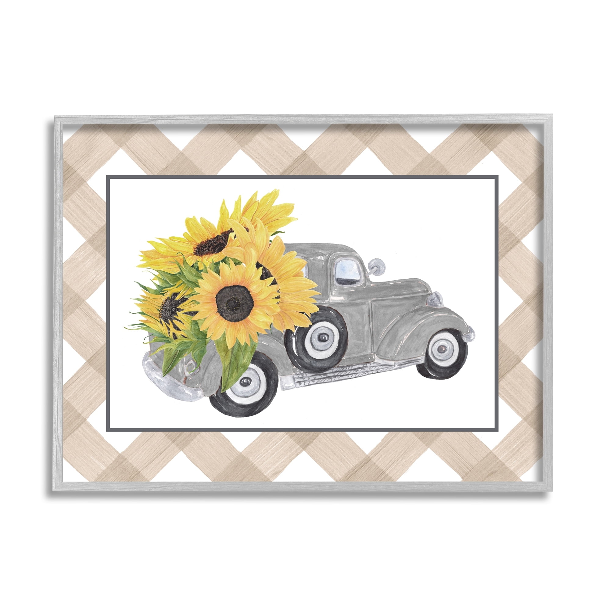 Stupell Industries Country Vintage Truck Carrying Sunflowers Plaid Border Graphic Art Gray Framed Art Print Wall Art, Design by Lettered and Lined