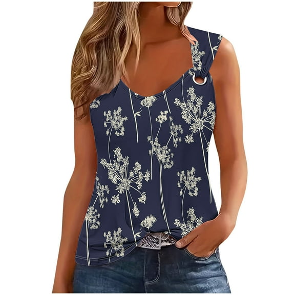 Lovskoo 2024 Tank Top for Women Round Neck Printed Camisole Sleeveless T-Shirt Loose Top Navy-M