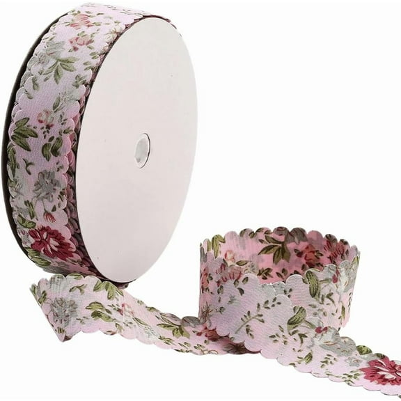 20 Yards Pink Floral Print Ribbon Vintage Flower Pattern Ribbon Spring Polyester Wavy Edge Fabric Ribbons with Spool