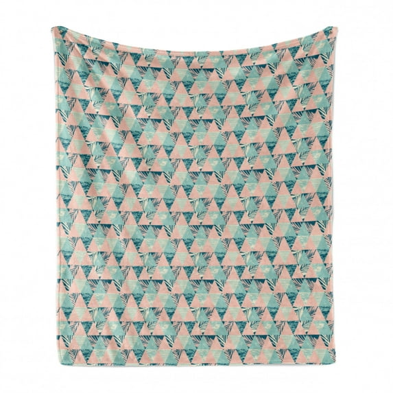 Tropical Soft Flannel Fleece Blanket, Contemporary Triangles Graphic of Branches Stripes in Pastel Colors, Cozy Plush for Indoor and Outdoor Use, 60" x 80", Pale Pink and Petrol Blue, by Ambesonne