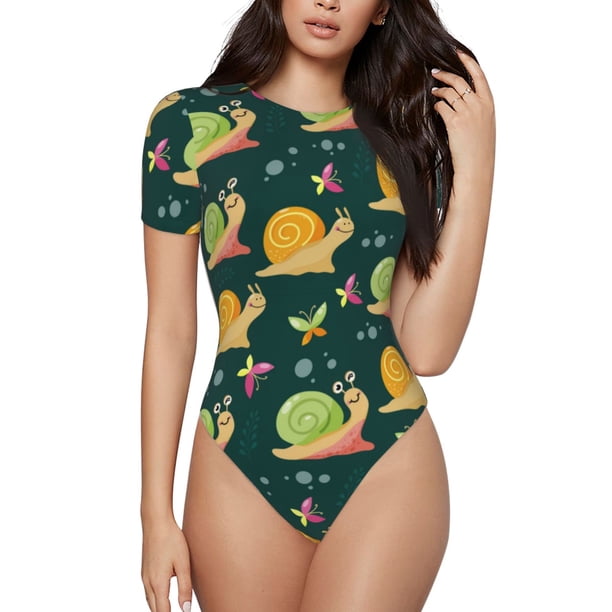 Fotbe Snails And Butterfies Body de Mujer con Cuello Redondo y Mangas Cortas, Sin Mangas Ajustado, Suave, Cómodo y Básico-Medium