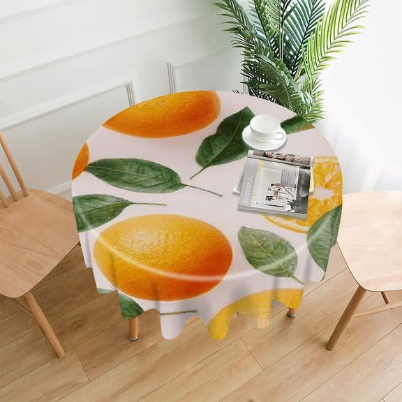 RKSupls 60 Inch Round Tablecloth, Orange Fruit Leaves Premium Polyester Straight Edge Wrinkle Resistant Washable Table Cover for Party Home Dining Decor