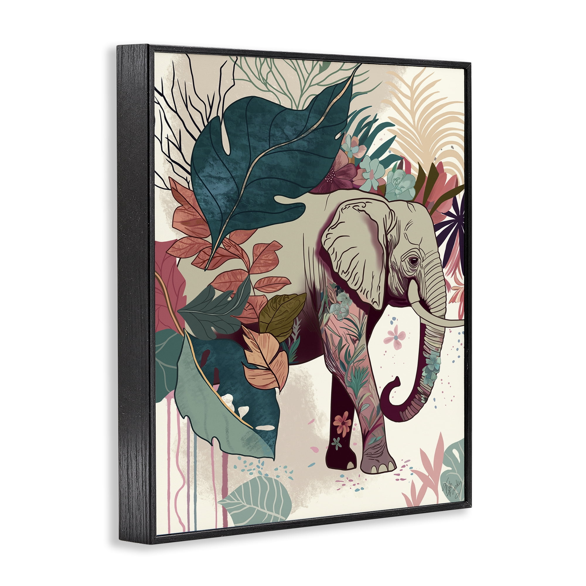 Stupell Industries Elephant & Tropical Leaves Animals & Insects Painting Black Framed Art Print Wall Art, 24 x 30