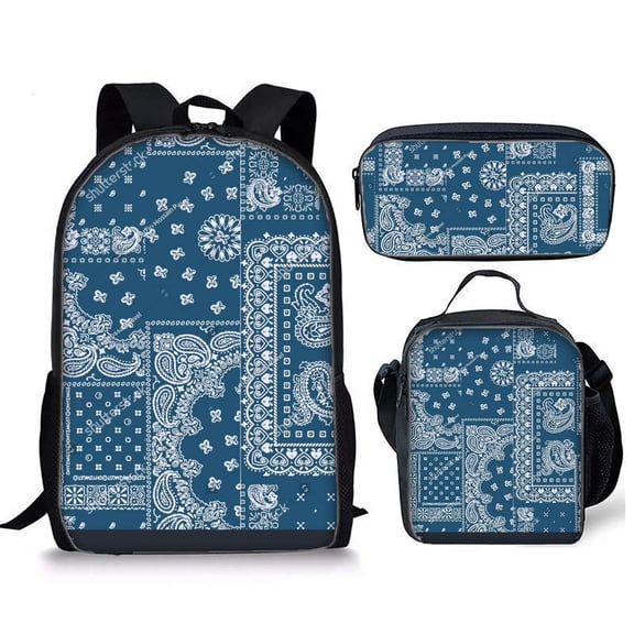 Blue Paisley Bandana Pattern Backpacks Bookbag Bags Rucksack Lunch Bag Pen Bag Three-Piece Set
