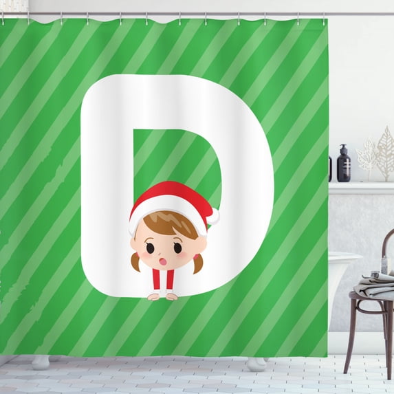 Ambesonne Christmas Alphabet Shower Curtain, Santa Hanging, 69"Wx84"L, Green Dark Coral and White