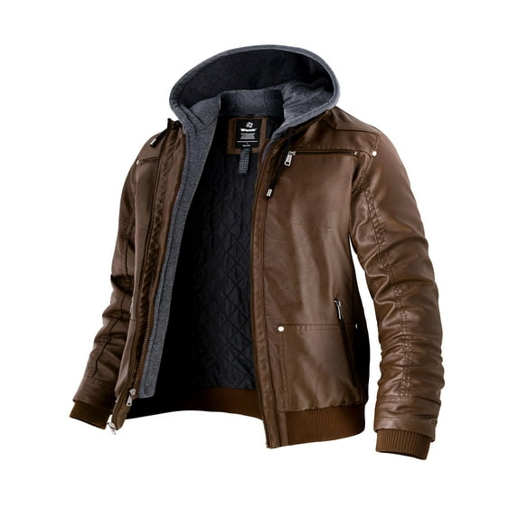 Wantdo Men's Faux Leather Coat with Hood Winter Motorcycle Jacket Brown(Thick)Size L