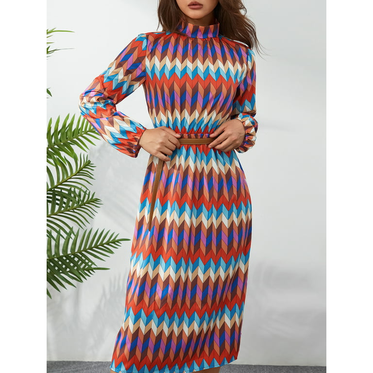 Diconna Women's Casual Dress Colorful Geometric Print Long Sleeves High  Waist Round Collar Midi Dress Colorful S 