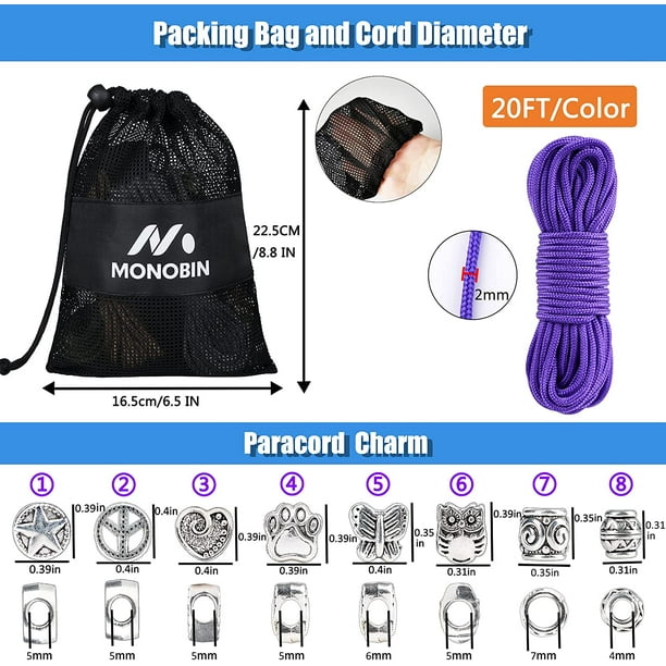 Monobin Micro Paracord Kit With Paracord Instructions, 10 Colors 20ft 2mm Paracord Combo Kit With Paracord Beads