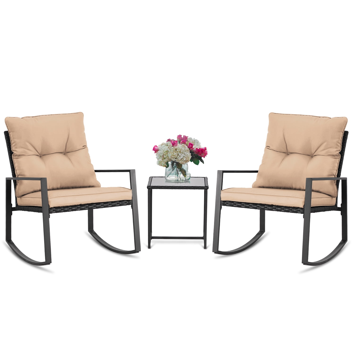 SUNCROWN Outdoor Patio Rocking Chair Bistro Set 3 Piece Black Wicker