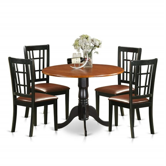 Ergode DLNI5-BCH-LC, 5-Piece Kitchen Set, Mid-Century Dining Table & 4 Chairs, Asian Wood, Faux Leather Seats, 42x42 Inch