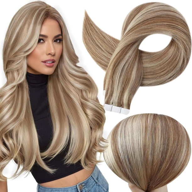 Extensiones de cabello con cinta adhesiva de 18 pulgadas, invisibles, con trama de piel, color 10, marrón dorado, con